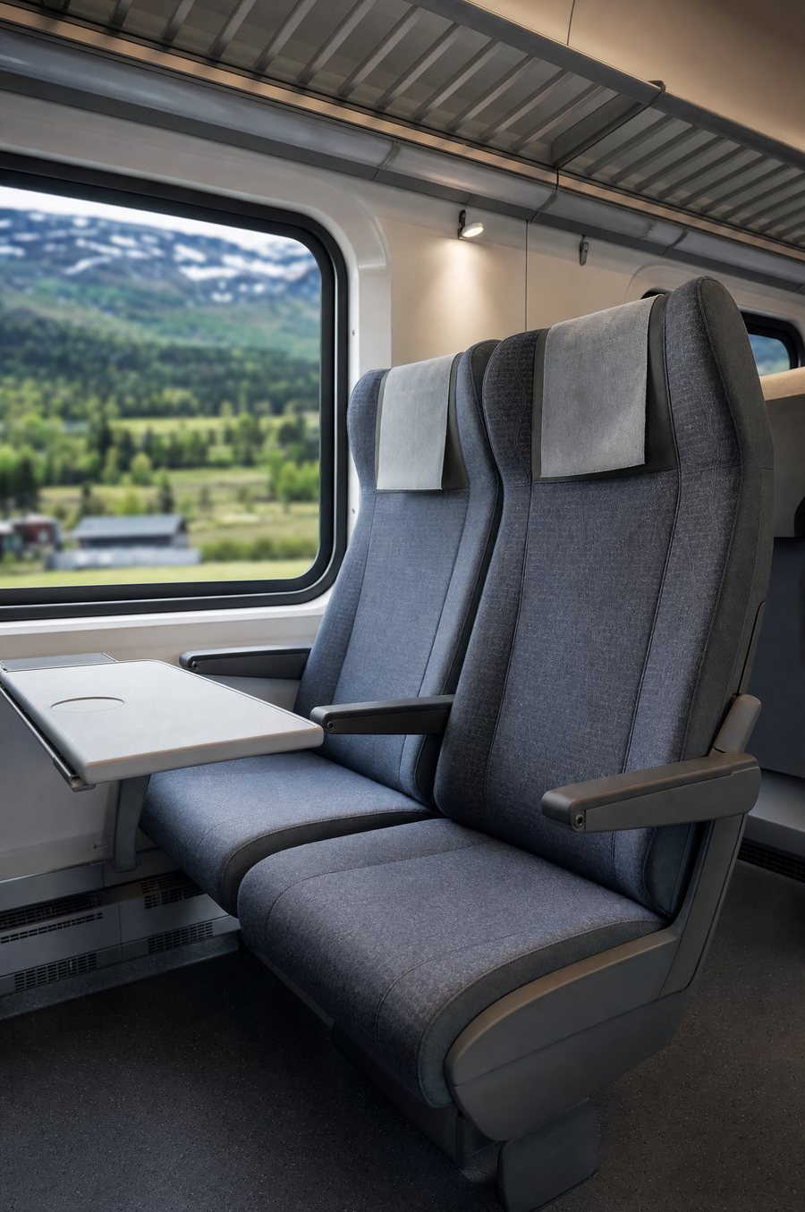 Economy class seat pair with fold-down table onboard the Oslo to Bergen train, mountains visible through the window