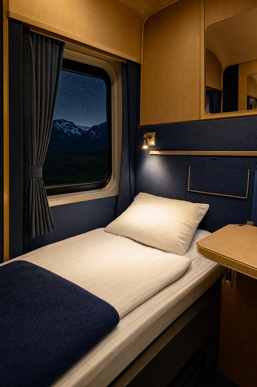 PlusNight sleeper compartment made-up bed at night, mountains visible through the window