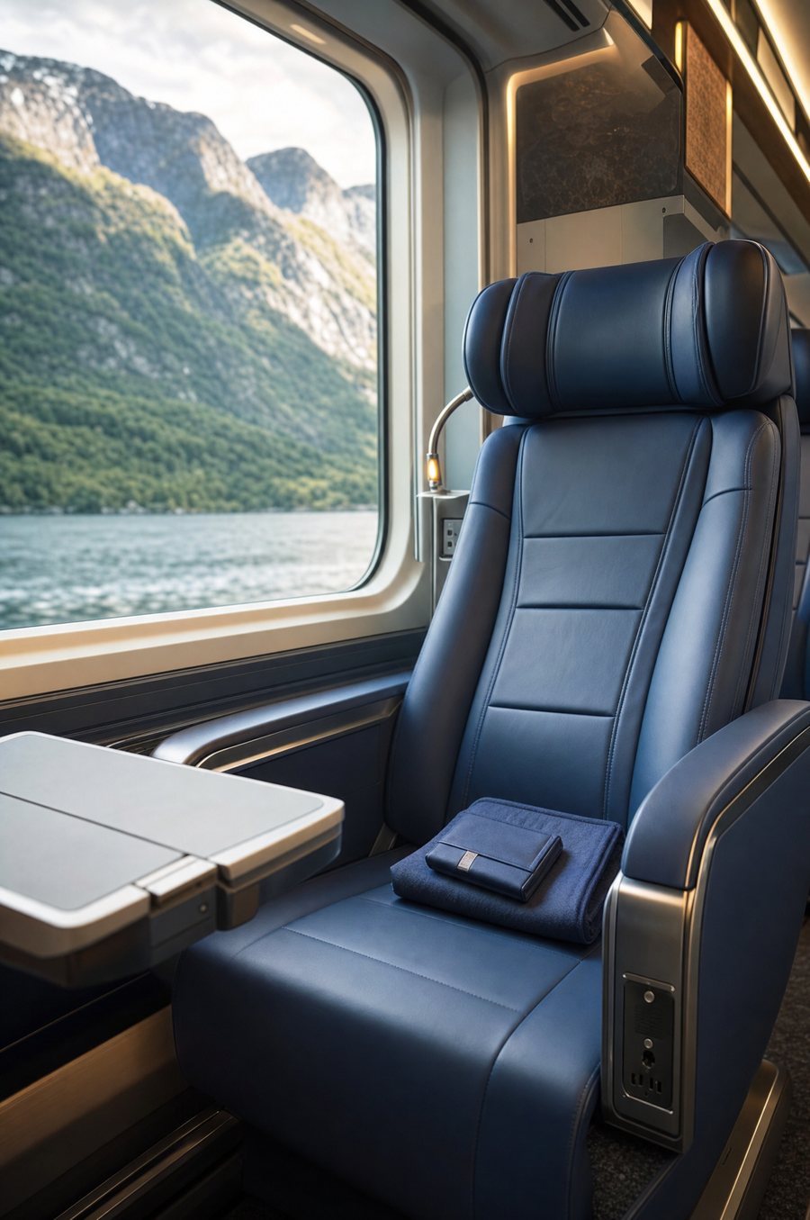 Premium (Komfort) class leather seat with reading light, fjord view through the window