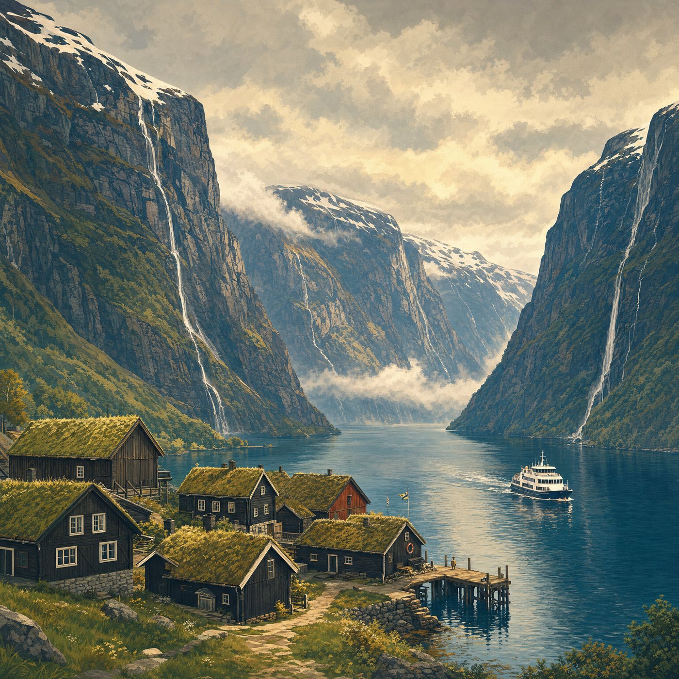 Illustrated Norwegian fjord village with grass-roofed timber houses and a sightseeing ferry, on the Nærøyfjord near Flåm