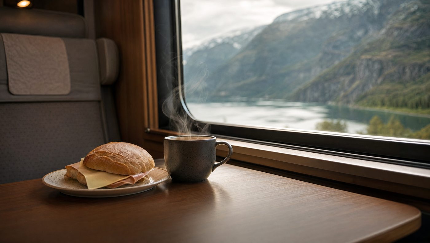 Coffee and a sandwich on a train table, fjord view through the window