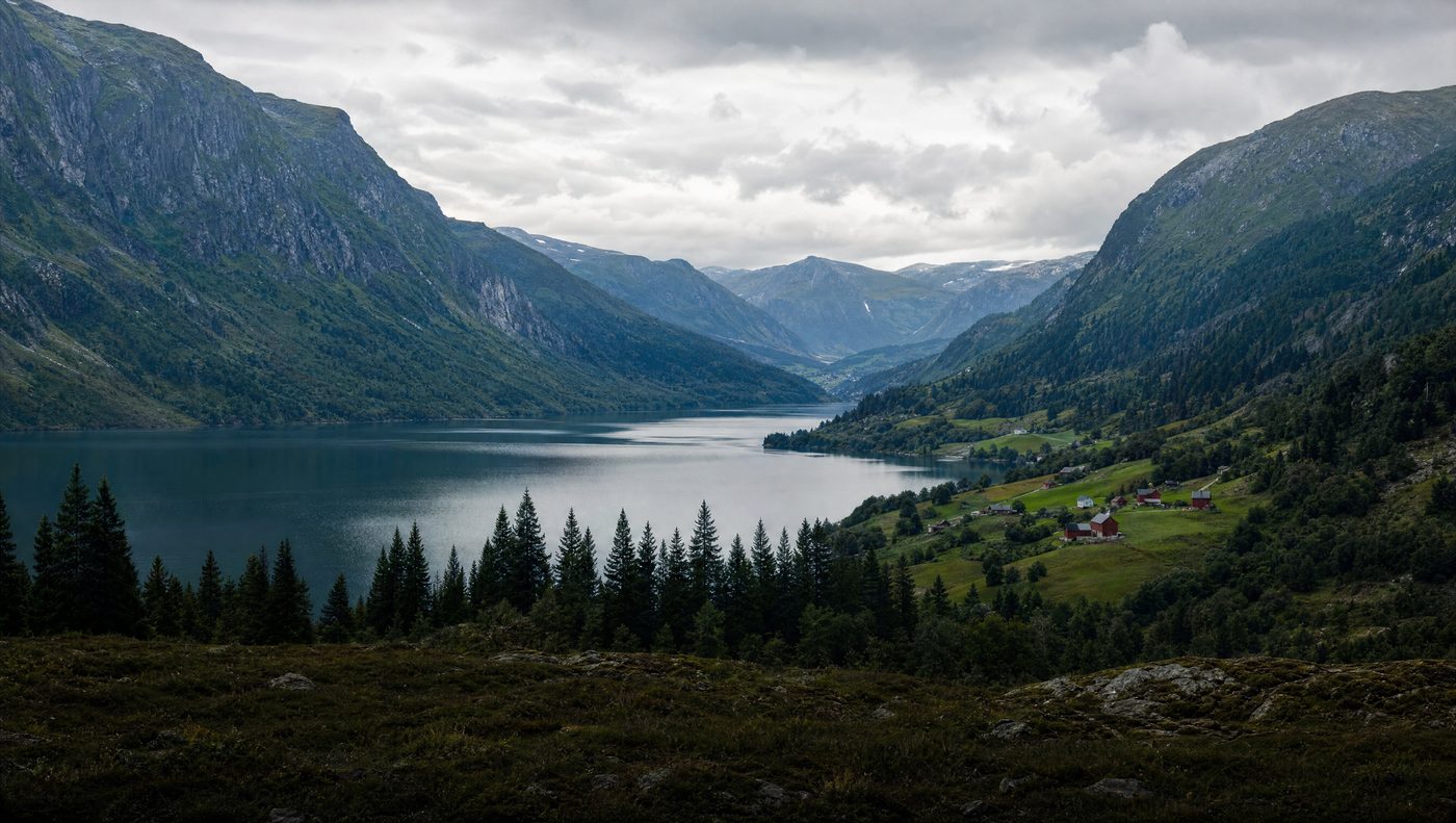 Fjord valley and farms near Voss