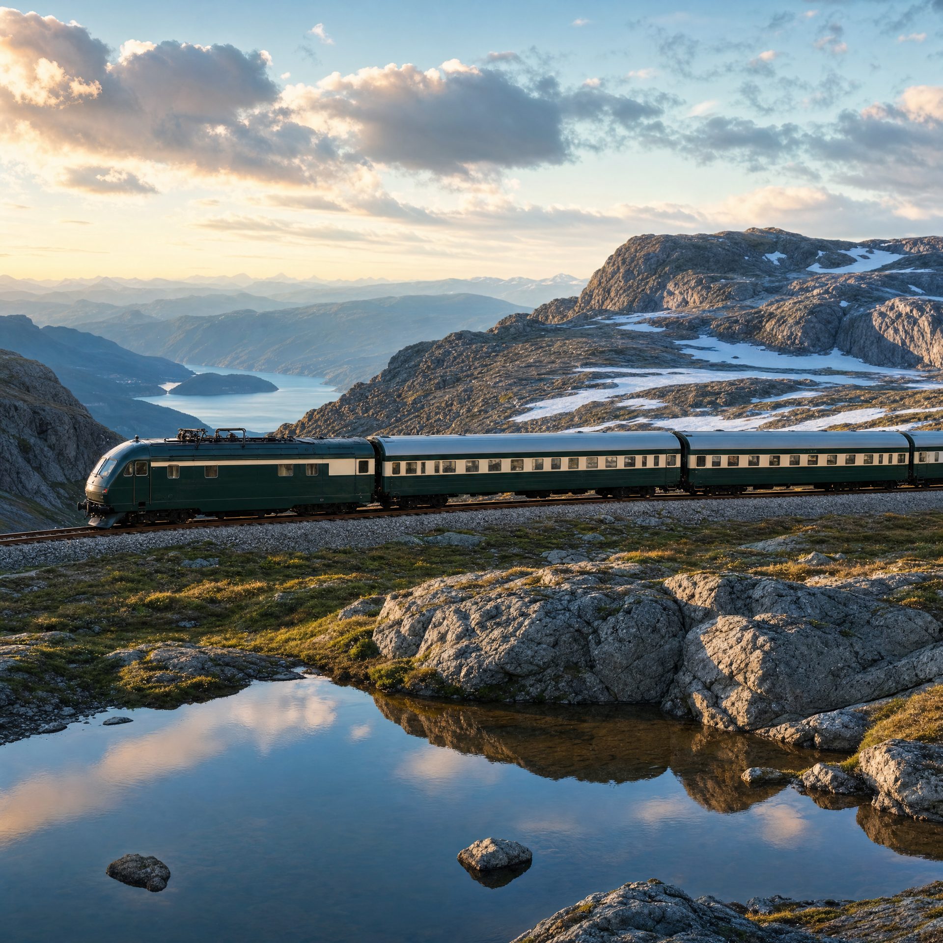 A Vy train crossing the Hardangervidda plateau above a fjord at sunset, snow patches on the surrounding mountains