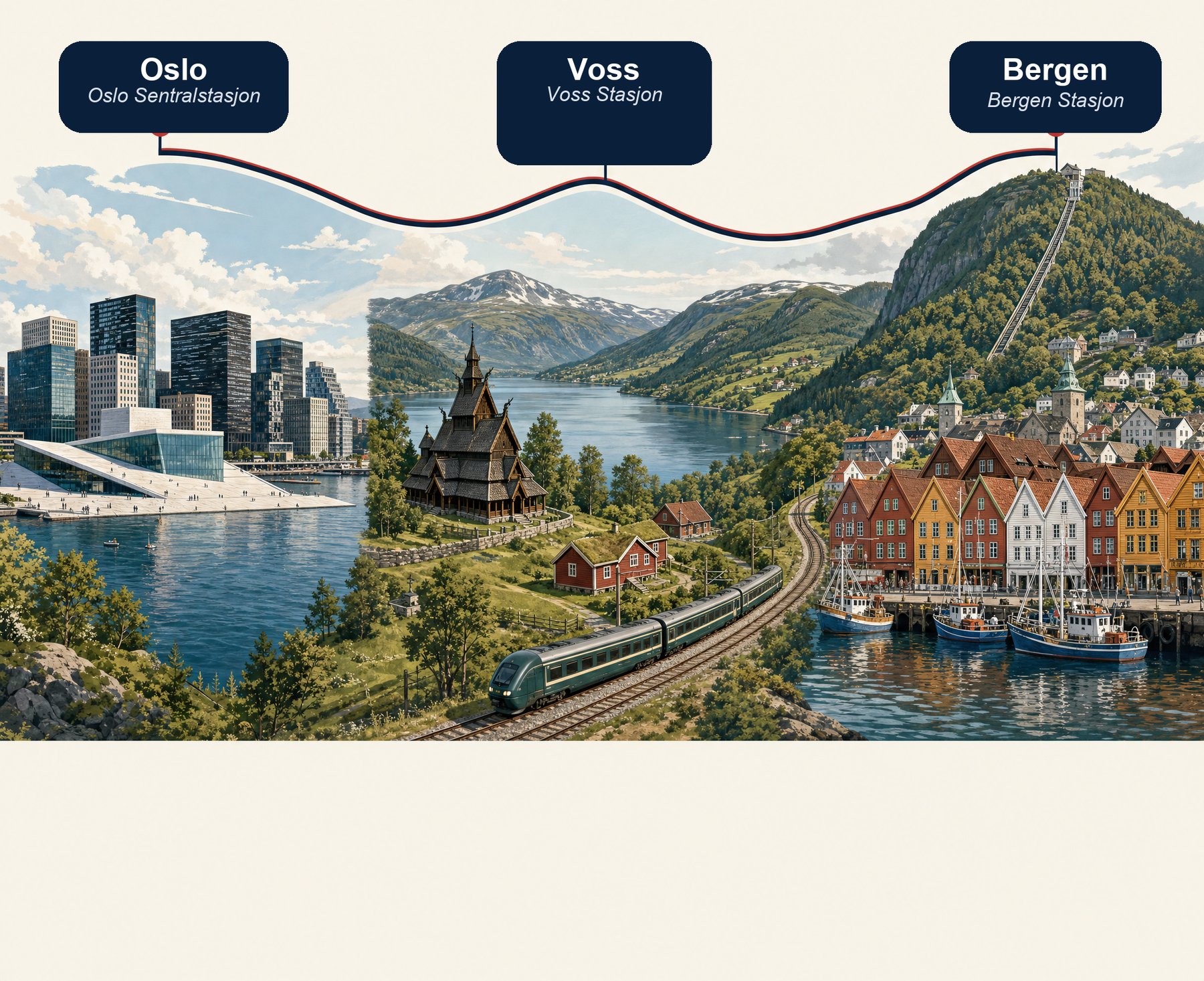 Illustrated map of the Oslo to Bergen train route, from the Oslo skyline past a stave church and fjord to Bergen's Bryggen wharf and the Fløibanen funicular, with a Bergensbanen train on the tracks